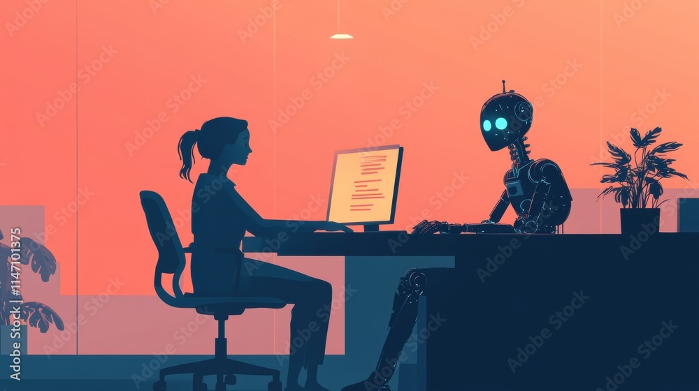 Poster collaboration between human and robot at a desk while working on a project in a modern workspace. ge