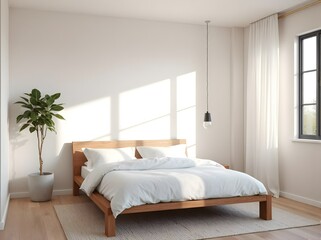 minimalist bedroom with low wooden bed frame, white bedding, neutral walls, and large windows with diffused light