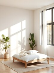 minimalist bedroom with low wooden bed frame, white bedding, neutral walls, and large windows with diffused light