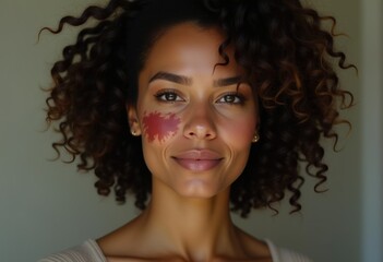 Fototapeta premium A young woman with curly hair and a birthmark on her cheek smiles confidently.