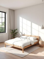 minimalist bedroom with low wooden bed frame, white bedding, neutral walls, and large windows with diffused light