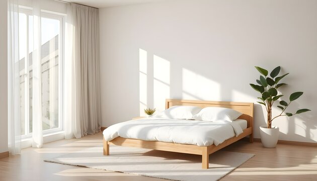 minimalist bedroom with low wooden bed frame, white bedding, neutral walls, and large windows with diffused light
