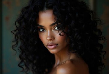 A captivating portrait of a woman with luxurious, dark curly hair, showcasing her radiant beauty and alluring gaze.