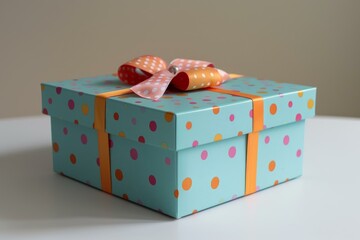 Gift box with polka dot wrapping paper and an orange ribbon is sitting on a white table