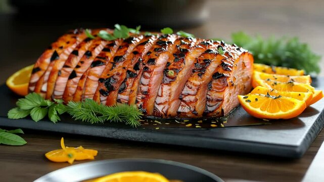 Delicious glazed ham with caramelized topping and fresh orange slices, garnished with herbs, served on a rustic black slate, perfect for holiday feasts and festive menus