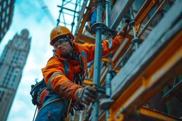Construction worker climbing scaffolding in vibrant orange safety gear against a city backdrop.