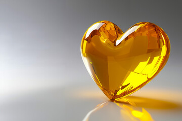 A yellow heart shaped glass object on a reflective surface