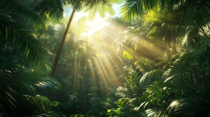 Sunbeams Illuminate Lush Tropical Rainforest Canopy