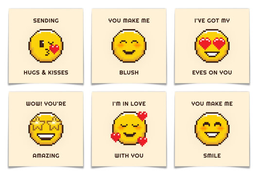 Retro Pixel Art Emoticon Valentines Day Greeting Cards Set. 8 bit holiday postcards template collection. Cute lovely emoji icons. Yellow smiley blush faces with romantic hearts. Vector illustration.