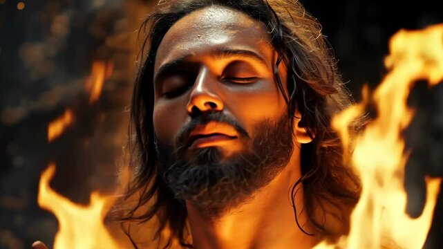 A symbolic depiction of Jesus Christ with flowing hair surrounded by vibrant flames, eyes closed in serenity, evoking spirituality and divine sacrifice in golden tones