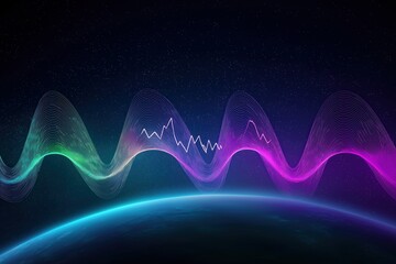 Colorful radio waves traverse space with Earth’s silhouette in vibrant cosmic signals visualization