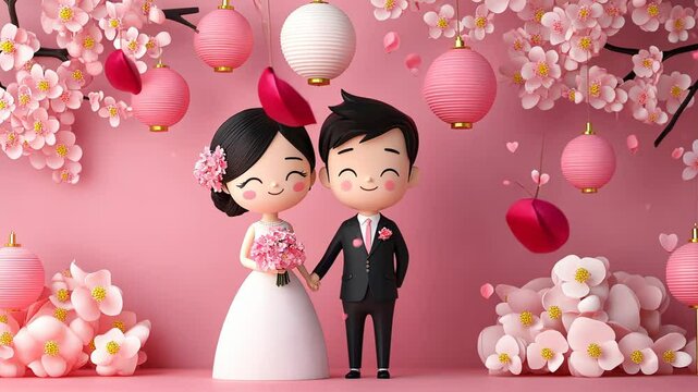 Romantic Wedding Couple Illustration with Heart and Flowers in Pink