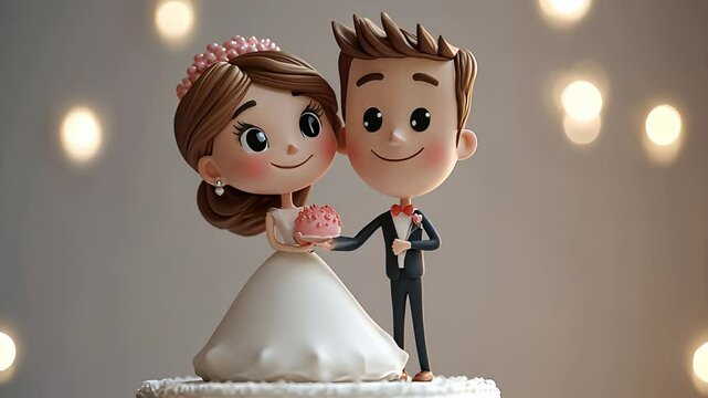 Romantic Wedding Couple Illustration with Bride Groom and Flowers