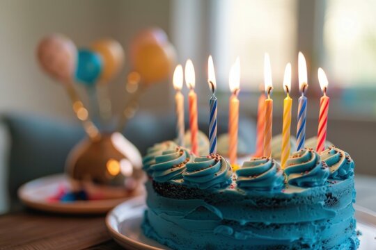 Delicious blue birthday cake with lit candles, celebrating a special occasion