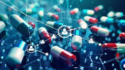 Connecting capsules illustrating big data analysis in pharmaceutical research, visualizing innovation and development in medicine for a futuristic healthcare concept