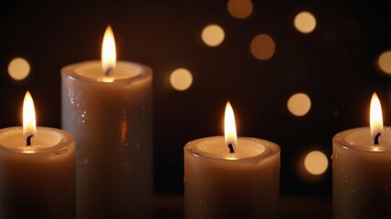 Four lit candles with bokeh lights.