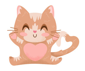 Hand drawn happy red cat opens arms for hug. Cartoon Valentines Day character in love. Lovely ginger kitty with heart shaped tail. Romance concept textured animal. Isolated flat vector illustration.