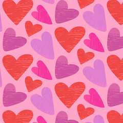 Seamless pattern with bright creative hearts. Cute romantic heart background.