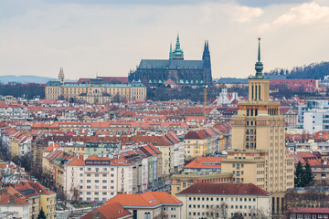 Fototapeta premium Panoramic view of Baba area on Dejvice and Prague Castle, Prague 6 area