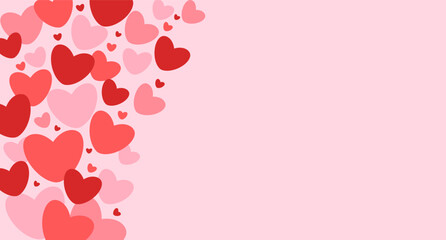 Background with hearts in red and pink tones, there is space for text.