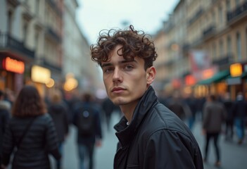 Fototapeta premium A young man with curly hair stands in a busy city street, looking directly at the camera.