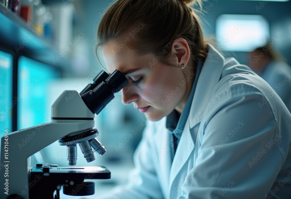 Poster A female scientist intensely studies a sample under a microscope in a modern laboratory setting.
