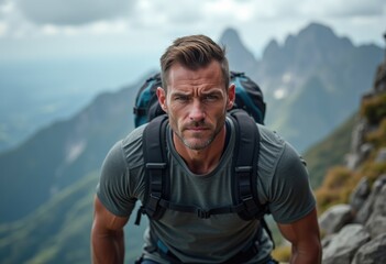 Naklejka premium A determined hiker with a backpack pauses on a mountain trail, gazing intently at the viewer.