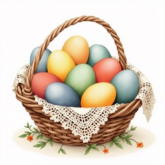 Naklejka premium The image is of a basket filled with colorful eggs. The basket is made of woven straw and has a white lace doily tied around the handle.