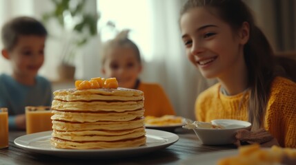 Happy girl with siblings enjoying pancakes.