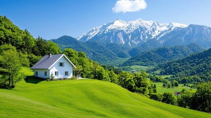 White house on green hill with snow-capped mountains.
