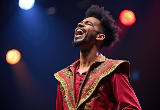 A joyous performer in a richly embroidered red jacket sings with exuberance on stage, illuminated by bright lights.