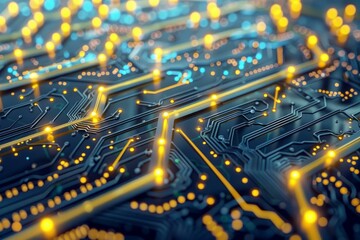Close up view of an electronic circuit board with glowing energy paths, visualizing data transfer and processing