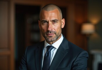 A confident, middle-aged man in a dark suit, exuding professionalism and success.