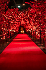 Obraz premium A red carpeted walkway lined with red lights at night