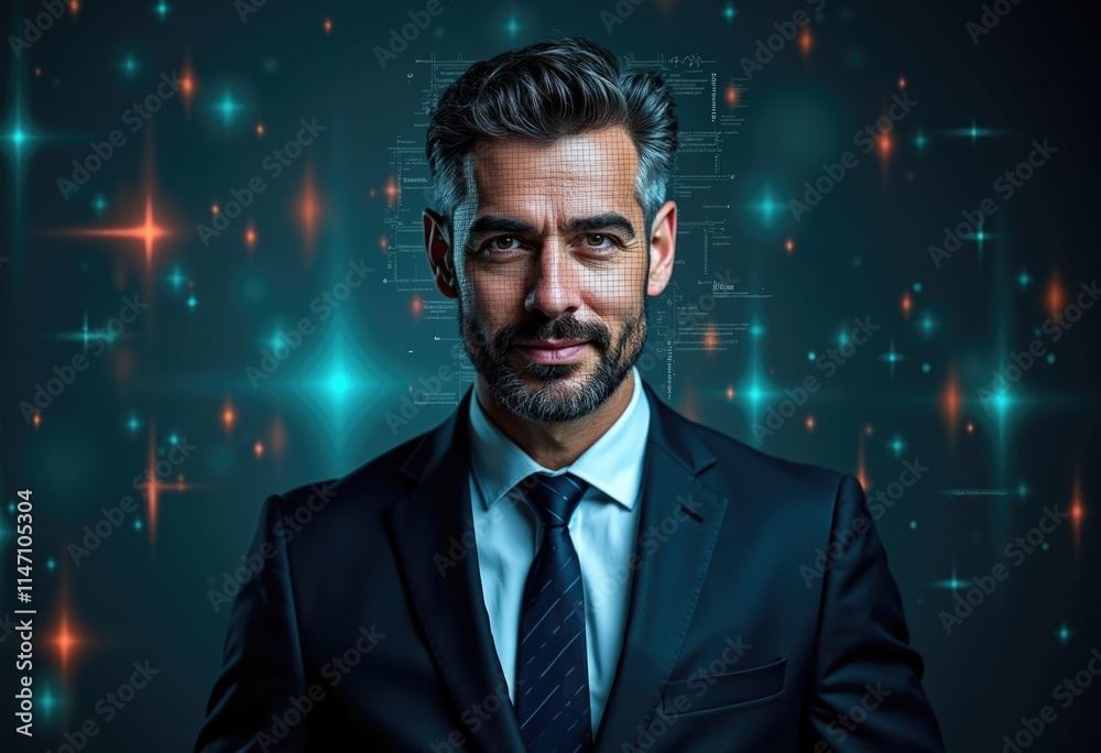 Poster a businessman's face is overlaid with a futuristic digital grid, symbolizing biometric technology an