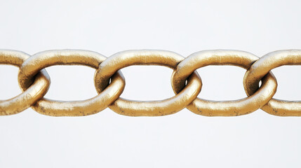 Fototapeta premium a close-up view of a metallic gold chain-link fence, seamless and uniform, against a pure white background, modern industrial aesthetic, highly polished finish, symmetrical alignment, no shadows, ultr