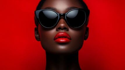 Close-up portrait of a Black woman wearing cat-eye sunglasses and red lipstick against a red background.
