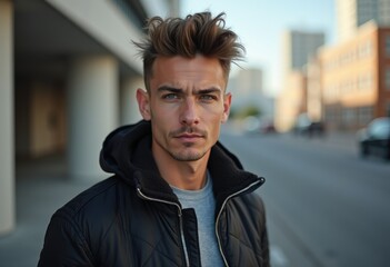 Obraz premium A young man with stylish hair, wearing a black jacket, stands outdoors in an urban setting.