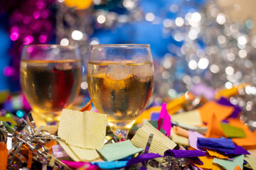 Festive celebration with sparkling drinks and colorful party decorations
