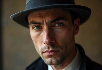 A man in a fedora, serious expression, close-up portrait.