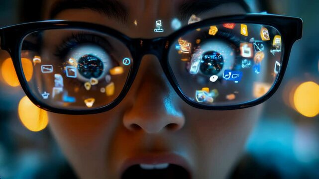 Closeup of human eyes reflecting social media icons, showing the impact of digital overload on our lives