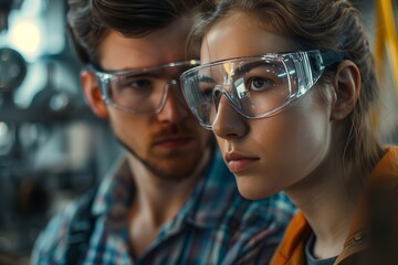 Two focused individuals wearing protective eyewear in an industrial setting, engaged in a task requiring concentration.