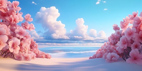 Pink Blossoms Frame Serene Ocean Beach Scene
