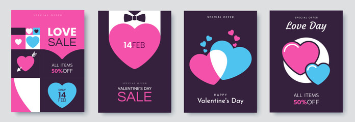 Creative Valentine's Day Posters collection. Love sale banners with hearts and space for text. Flat style. Ideal for flyer, social media, marketing. Vector illustration.