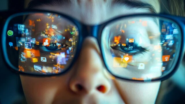 Closeup of human eyes reflecting social media icons, showing the impact of digital overload on our lives