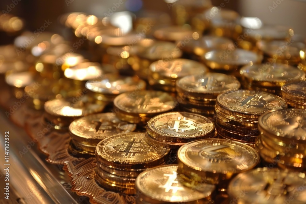 Poster many golden bitcoins are stacked and arranged in rows, creating a mesmerizing pattern