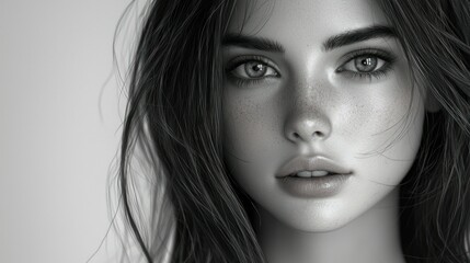 Black and white portrait of a young woman with freckles.