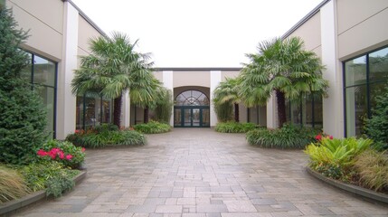 Obraz premium Elegant courtyard entrance with palm trees and landscaping.