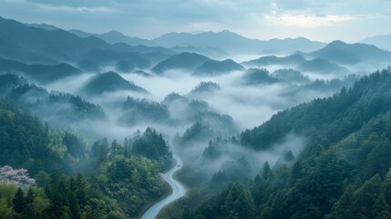 Obraz premium Misty mountain range covered in lush greenery