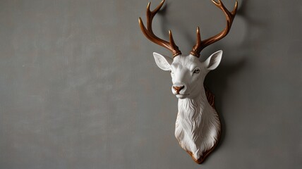 White deer head wall mount on gray wall.